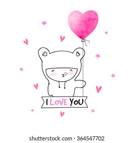 Cute cartoon holding beautiful heart shape balloon for Happy Valentine's Day celebration.