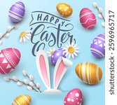 Cute cartoon holiday card with realistic paper cut-out rabbit ears, 3D painted eggs, chamomiles, and twigs of willow. Vector lettering Happy Easter on a blue background for festive banners template