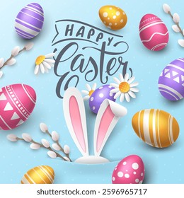 Cute cartoon holiday card with realistic paper cut-out rabbit ears, 3D painted eggs, chamomiles, and twigs of willow. Vector lettering Happy Easter on a blue background for festive banners template