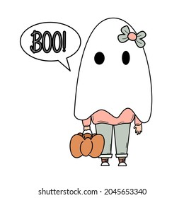 cute cartoon holiday vector illustration with lovely baby girl in halloween ghost costume