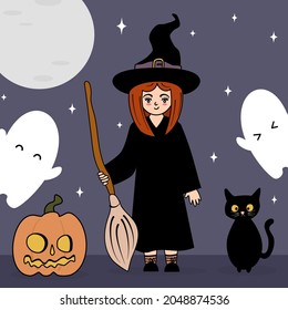 cute cartoon holiday vector illustration with lovely little girl in halloween witch costume, ghost, black cat and pumpkin