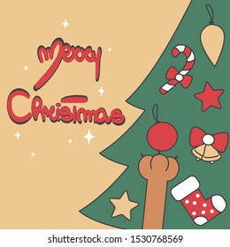 cute cartoon holidays hand draw lettering merry christmas vector card with christmas tree and cat paw