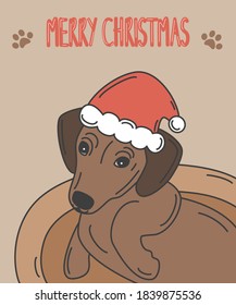 Cute cartoon holidays vector card illustration with character baby dog with santa hat