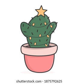 Cute Cartoon Holidays Vector Illustration With Christmas Tree Cactus