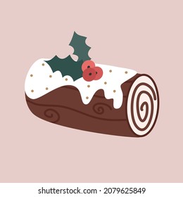 cute cartoon holidays yule log dessert illustration isolated on pink background