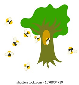 Cute cartoon hollow tree with bees in the forest vector icon isolated on the white background