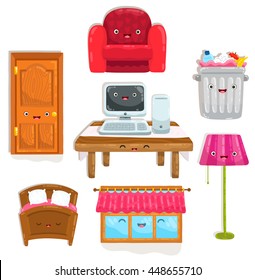 cute cartoon home objects. Chair, table, desk, trash bin, lamp, computer, bed, window and door.