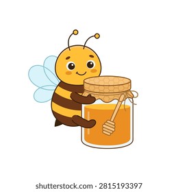 A cute cartoon honey bee character hugging a jar of golden honey.