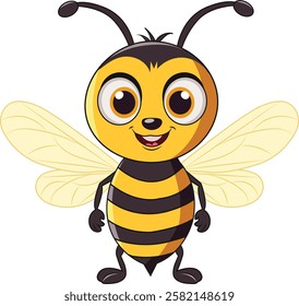 A cute cartoon honey bee with large eyes, a striped body, small wings, and antennae.