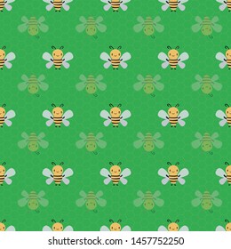 Cute cartoon honey bee seamless vector pattern background.  Hand drawn Kawaii style winged insect green backdrop. Fun bug character all over print for summer, kids products