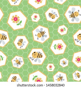 Cute cartoon honey bee seamless vector pattern background.  Hand drawn Kawaii style winged insect and honeycomb backdrop. Funky design. Fun bug character all over print for summer, kids products.