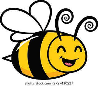 Cute cartoon honey bee vector illustration, smiling insect character with wings, playful design for children, fun mascot concept, colorful nature pollinator graphic