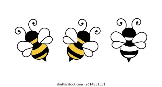 Cute cartoon honey bees in black and yellow. Cute cartoon bees in flight.