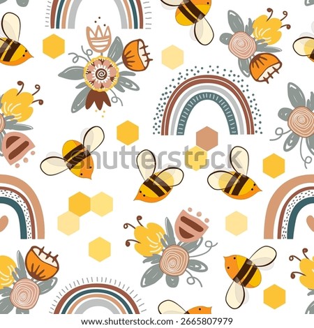 Cute cartoon honey bees, honeycombs, rainbow and doodle meadow flowers seamless pattern. Vector background illustration.