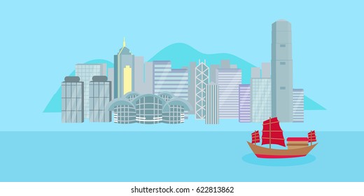 Cute Cartoon Hongkong City On Blue Background