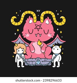 Cute cartoon horned cat devil with pentogram and servants chained. Flat vector illustration design.