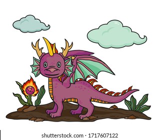 Cute cartoon horned dragon and clouds. Colorful vector illustration for t-shirt design and picture book