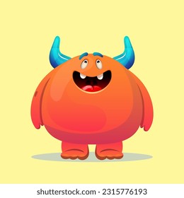 Cute cartoon horned monster. Design for print, sticker, party decoration, logo, emblem, magazine prints or journal article, t-shirt design, poster. Vector illustration of Halloween cool monster 