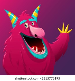 Cute cartoon horned monster. Design for print, sticker, party decoration, logo, emblem, magazine prints or journal article, t-shirt design, poster. Vector illustration of Halloween cool monster 