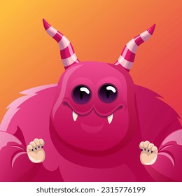 Cute cartoon horned monster. Design for print, sticker, party decoration, logo, emblem, magazine prints or journal article, t-shirt design, poster. Vector illustration of Halloween cool monster 