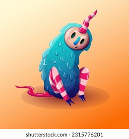 Cute cartoon horned monster. Design for print, sticker, party decoration, logo, emblem, magazine prints or journal article, t-shirt design, poster. Vector illustration of Halloween cool monster 