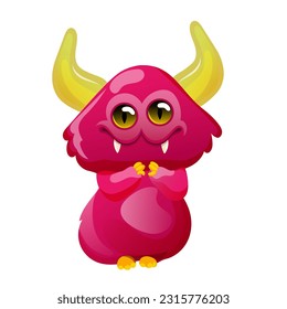 Cute cartoon horned monster. Design for print, sticker, party decoration, logo, emblem, magazine prints or journal article, t-shirt design, poster. Vector illustration of Halloween cool monster 