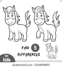 Cute cartoon Horse animal, Find differences educational game for children, black and white activity page