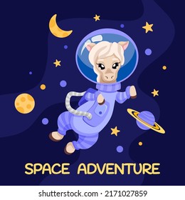 Cute cartoon horse astronaut with stars, moon and planets for birthday party flyer, kids print texture and baby shower. Vector Cartoon illustration