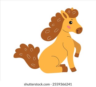 Cute cartoon horse with a curly mane sitting in a playful pose