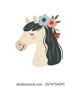 Cute cartoon horse with flowers in mane, design for children's decor and illustrations, flat vector illustration