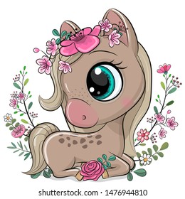 Cute Cartoon Horse with flowers on a white background