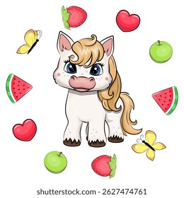 Cute cartoon horse in a fruit frame. Summer vector illustration of animal with apple, strawberry, watermelon, butterfly and heart on white background.