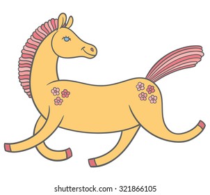 cute cartoon horse in a good mood rides jumps and smiles