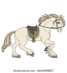 Cute cartoon horse harnessed in a harness runs forward on a white background