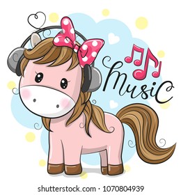 Cute Cartoon Horse with headphones on a blue background