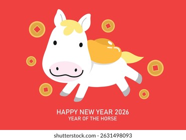 Cute cartoon horse holding a gold sycee ingot with gold coins. Happy chinese new year of the horse 2026 greeting card vector. Wishing good wealth with lucky money for lunar new year.