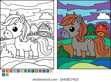 Ilustração de cavalo de desenho animado bonito em uma fazenda com um celeiro e cerca, apresentado com uma cor por número esboço para atividades das crianças