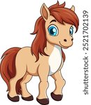 Cute cartoon horse with long red mane and big blue eyes, happily smiling. Suitable for equestrian designs and animalthemed projects