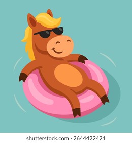Bonito cavalo de desenho animado com rosquinha inflável rosa, usando óculos de sol, férias de verão plana estilo animal ilustração com vibração de férias tropicais
