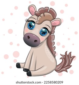 Cute cartoon horse, pony for card with flowers, balloons, hearts