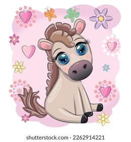 Cute cartoon horse, pony for card with flowers, balloons, hearts