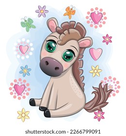 Cute cartoon horse, pony for card with flowers, balloons, hearts