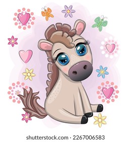 Cute cartoon horse, pony for card with flowers, balloons, hearts