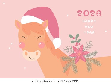 Bonito cavalo de desenho animado com chapéu vermelho Santa. Símbolo do zodíaco asiático.  2026 cartão de Ano Novo chinês, banner, cartaz, horóscopo elemento