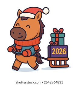 Cute cartoon horse in Santa hat with gifts sled - 2026 Year of the Horse symbol, flat vector illustration. Perfect for New Year cards, merchandise and holiday marketing