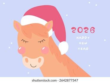Bonito cavalo de desenho animado com chapéu de Papai Noel, signo asiático, símbolo.  2026 cartão de Ano Novo chinês, banner, cartaz, horóscopo elemento