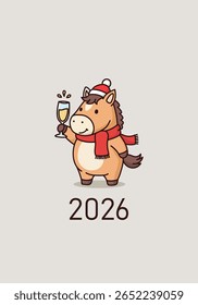 Um bonito cavalo de desenho animado em um chapéu de Papai Noel celebra com uma taça de champanhe. Cartão vertical festivo para a festa de Ano Novo e 2026, o Ano do Cavalo. Ilustração vetorial para um feriado alegre