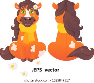 Cute cartoon horse in a scarf 
with flowers, front and back view. Print for postcards, t-shirts or toy for kids
