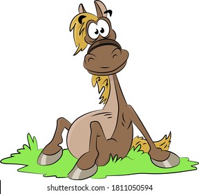 Cute cartoon horse sitting on grass smiling vector illustration