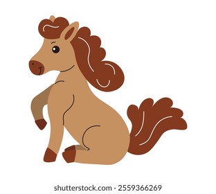 Cute cartoon horse sitting with a playful expression in simple design